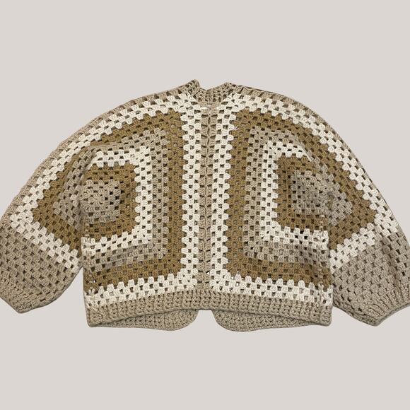 Anthropologie Chunky Crochet Cardigan Sweater | Cottage Core Granny Neutral NWOT - Picture 2 of 8